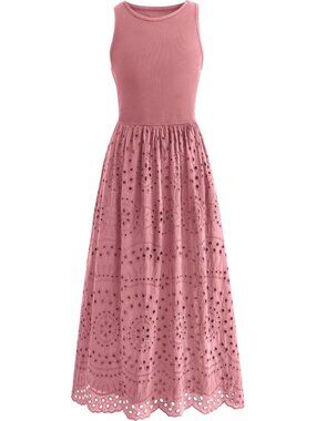 Women's Dusty Pink Sleeveless Crew Neck Lace Imported A-line Cotton Maxi Dress